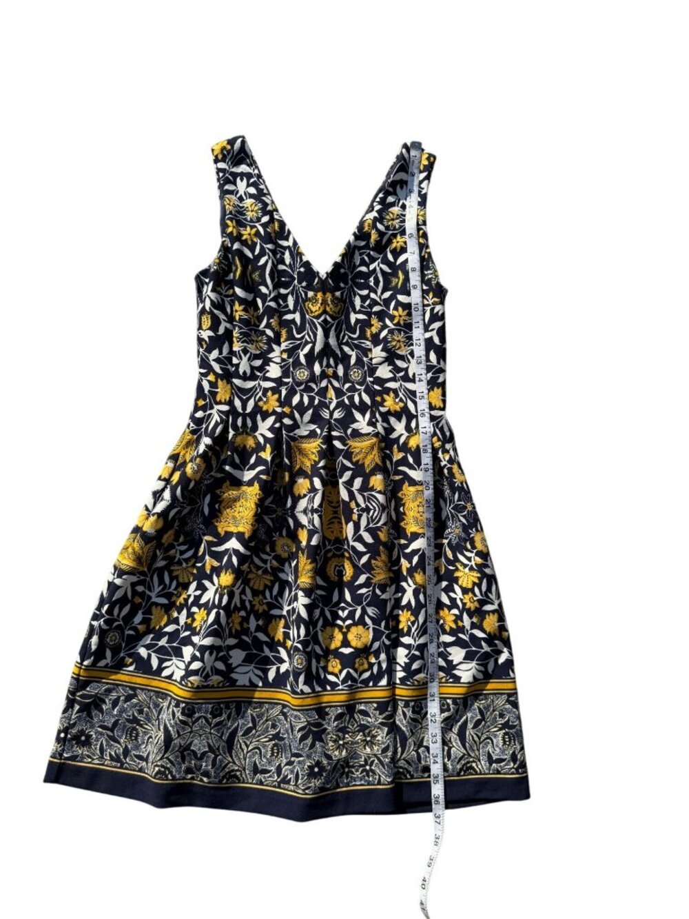 Floral Sleeveless A-Line Dress Navy/Yellow Medium Cotton V-Neck Back Fit & Flare - Picture 3 of 7